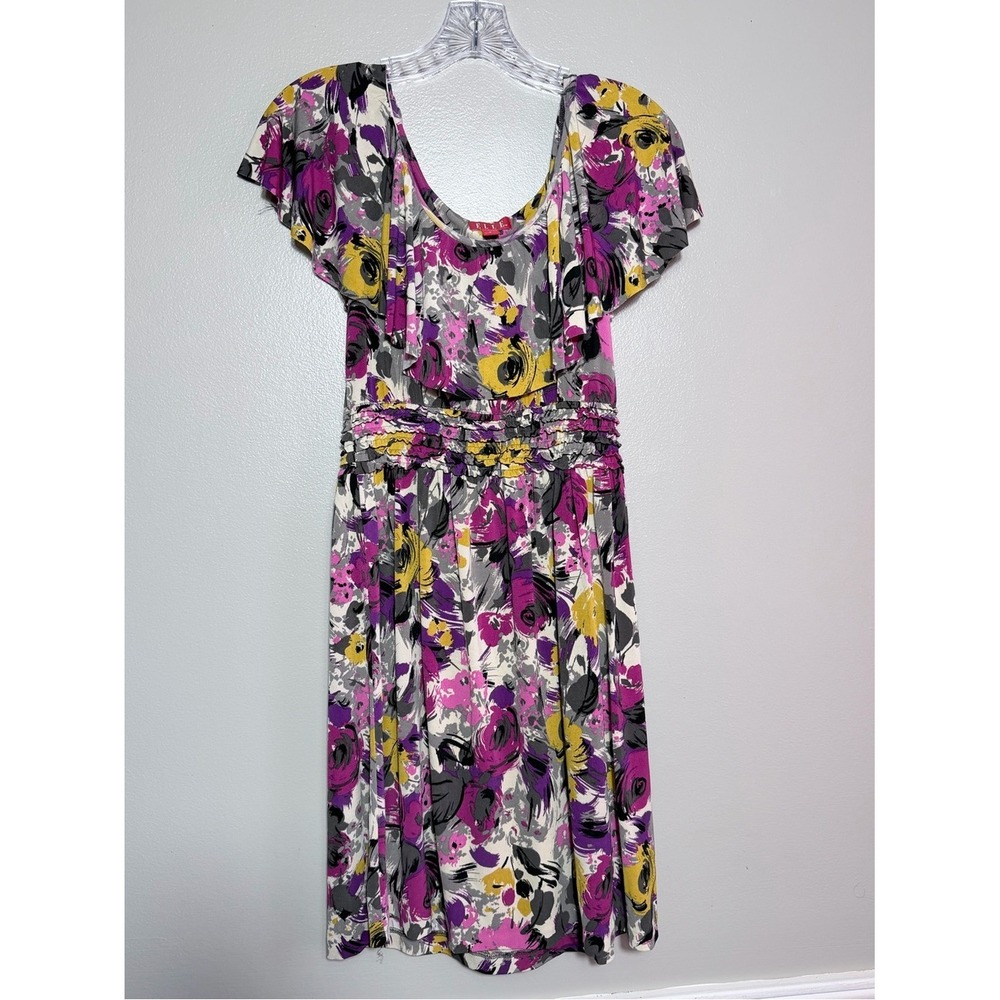 Elle Boho Floral Midi Dress Small Fuchsia Mustard Smocked Waist Flutter Sleeve S
